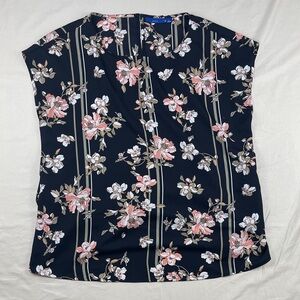 Apt. 9 Navy Floral Short-Sleeve Blouse with Pink and White Blooms
